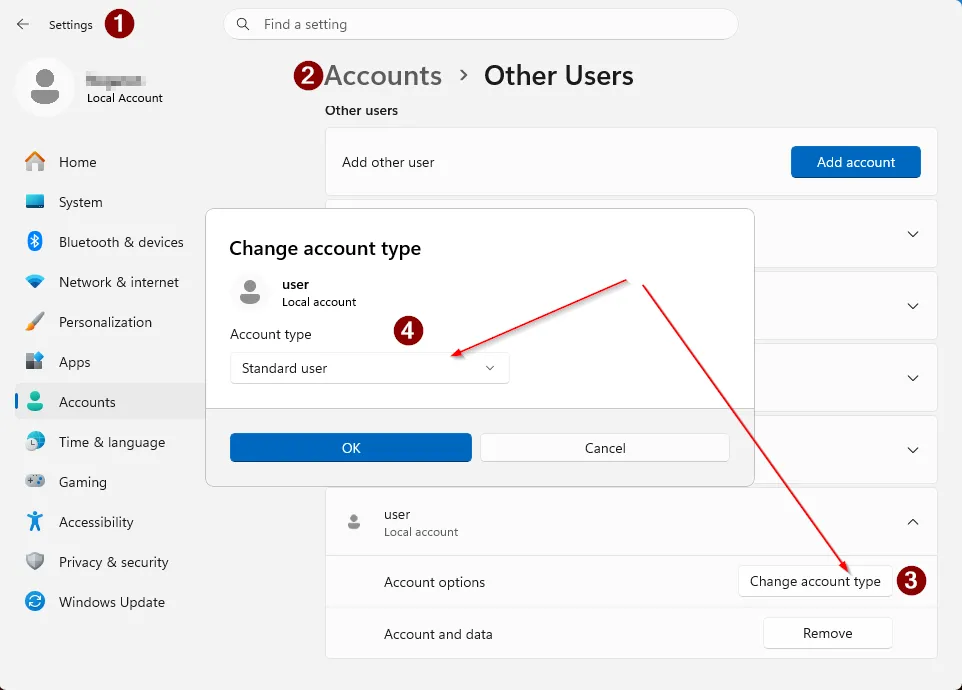 Windows 11 Settings: four steps to change the child’s account type to Standard user.