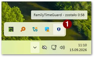 Ikona FamilyTimeGuard przy zegarze i podpowiedź z pozostałym czasem na koncie dziecka.