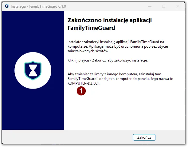 Końcowa strona instalatora z informacją o zarządzaniu z innego komputera i nazwą KOMPUTER-DZIECI.