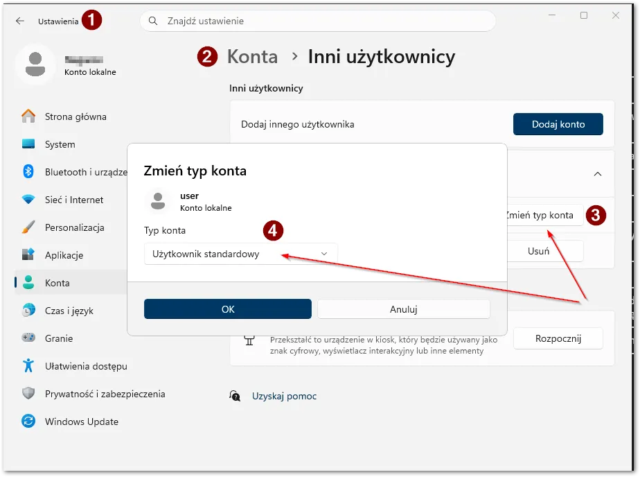 Ustawienia Windows 11: cztery kroki prowadzące do zmiany konta dziecka na użytkownika standardowego.